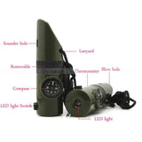 7 In1 Multifunctional Survival Whistle Compass Thermometer LED Flashlight Fire Magnifier Camping  Military Survival Kit