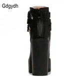 2017 Leather Women Boots: High Heels Platform Buckle Lace Up Short Booties - Black