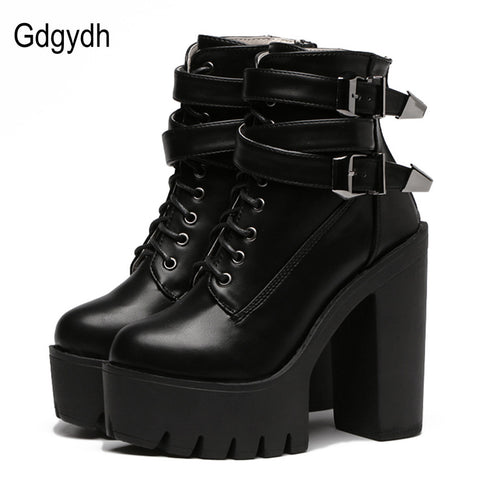 2017 Leather Women Boots: High Heels Platform Buckle Lace Up Short Booties - Black