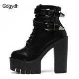 2017 Leather Women Boots: High Heels Platform Buckle Lace Up Short Booties - Black