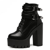 2017 Leather Women Boots: High Heels Platform Buckle Lace Up Short Booties - Black