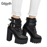 2017 Leather Women Boots: High Heels Platform Buckle Lace Up Short Booties - Black